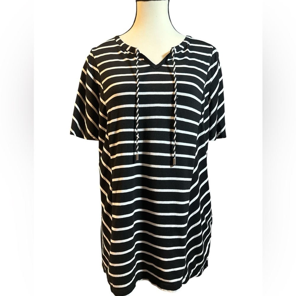 Chico's Black and White Striped Short Sleeve Tee